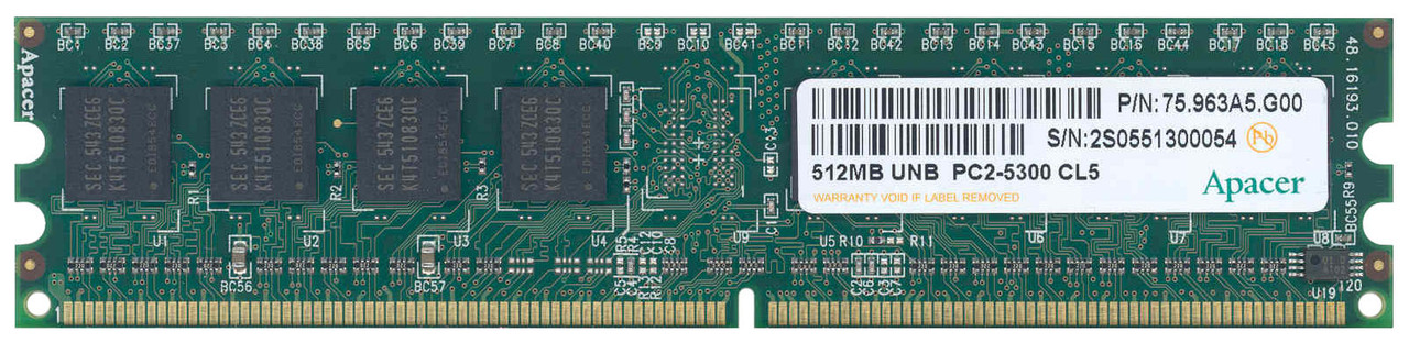 75.963A5.G00 Apacer 512MB PC2-5300 DDR2-667MHz non-ECC Unbuffered CL5 240-Pin DIMM Single Rank Memory Module