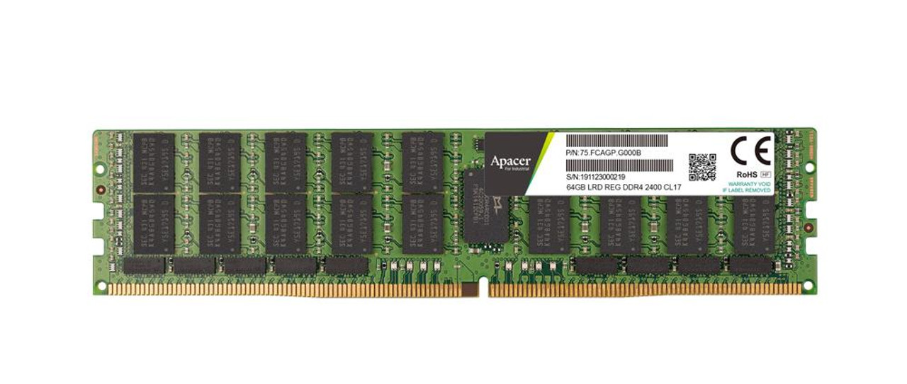 75.FCAGP.G00B Apacer 64GB PC4-19200 DDR4-2400MHz Registered ECC CL17 288-Pin LRDIMM 1.2V Quad Rank Memory Module