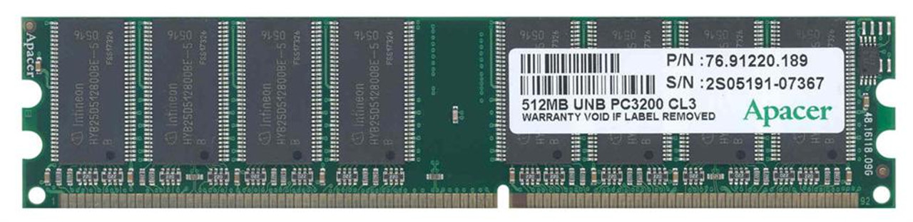 76.91220.189 Apacer 512MB PC3200 DDR-400MHz non-ECC Unbuffered CL3 184-Pin DIMM Memory Module