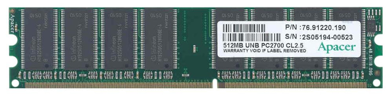 76.91220.190 Apacer 512MB PC2700 DDR-333MHz non-ECC Unbuffered CL2.5 184-Pin DIMM 2.5V Memory Module