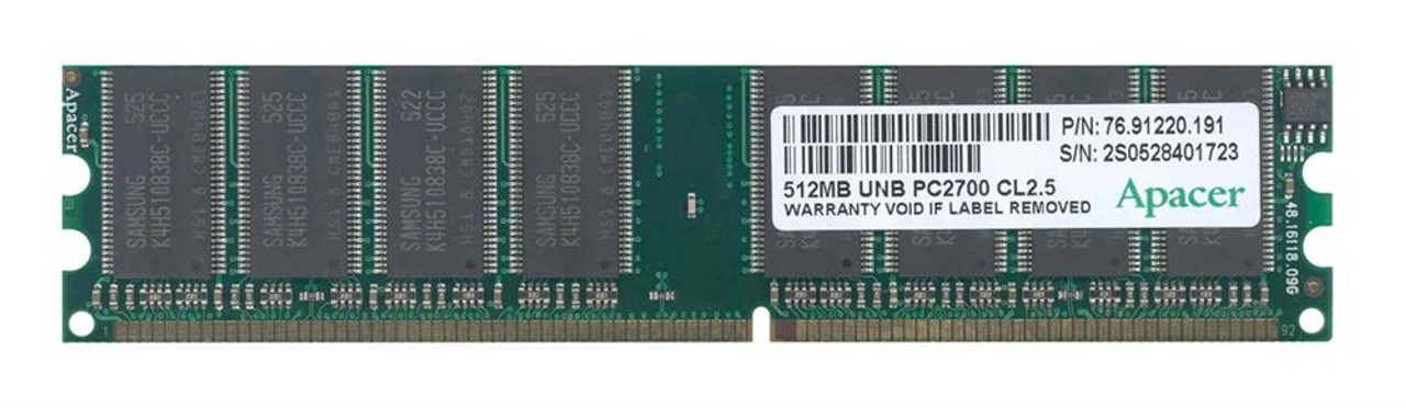76.91220.191 Apacer 512MB PC2700 DDR-333MHz non-ECC Unbuffered CL2.5 184-Pin DIMM 2.5V Memory Module