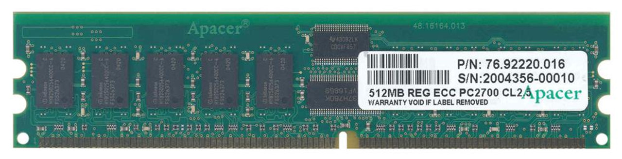 76.92220.016 Apacer 512MB PC2700 DDR-333MHz Registered ECC CL2.5 184-Pin DIMM 2.5V Memory Module