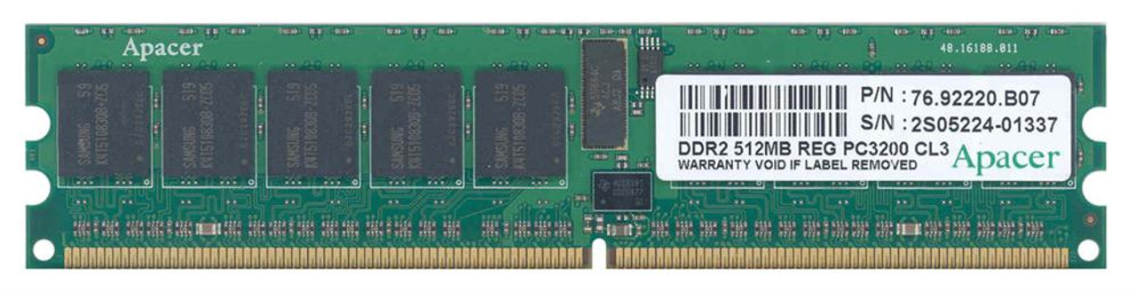 76.92220.B07 Apacer 512MB PC2-3200 DDR2-400MHz ECC Registered CL3 240-Pin DIMM Single Rank Memory Module