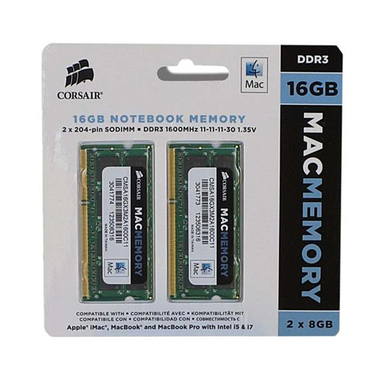 CMSA16GX3M2A1600C11 Corsair 16GB Kit (2 X 8GB) PC3-12800 DDR3-1600MHz non-ECC Unbuffered CL11 204-Pin SoDimm Memory for Apple MacBook