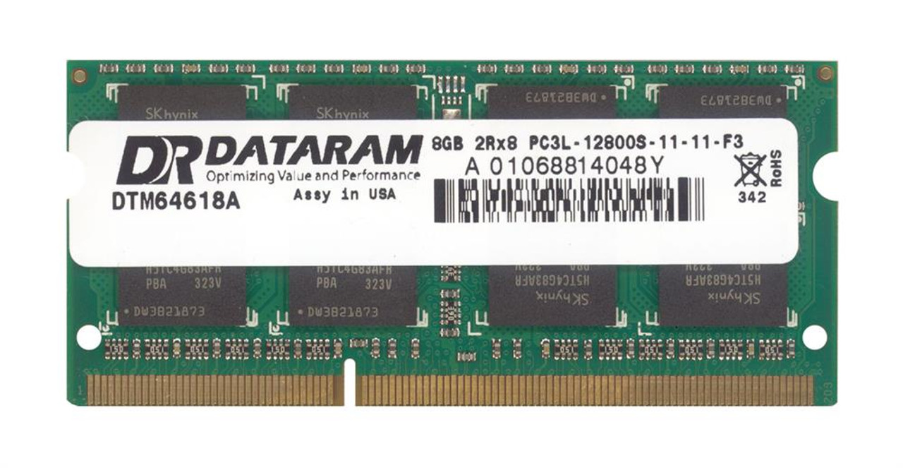 DTM64618A Dataram 8GB PC3-12800 DDR3-1600MHz non-ECC Unbuffered CL11 204-Pin SoDimm Dual Rank Memory Module