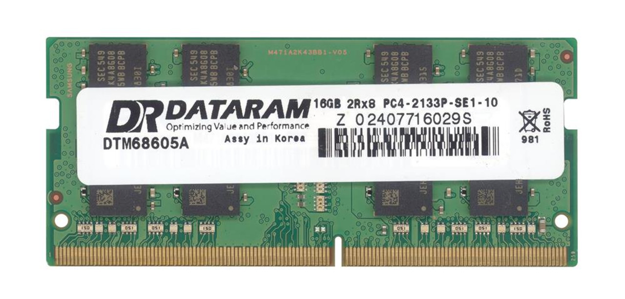 DTM68605A Dataram 16GB PC4-17000 DDR4-2133MHz non-ECC Unbuffered CL15 260-Pin SoDimm 1.2V Dual Rank Memory Module