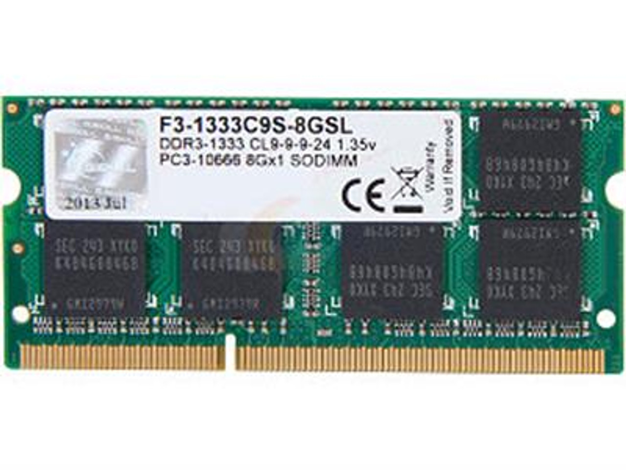 F3-1333C9S-8GSL G.Skill 8GB PC3-10600 DDR3-1333MHz non-ECC Unbuffered CL9  204-Pin SoDimm Dual Rank Memory Module