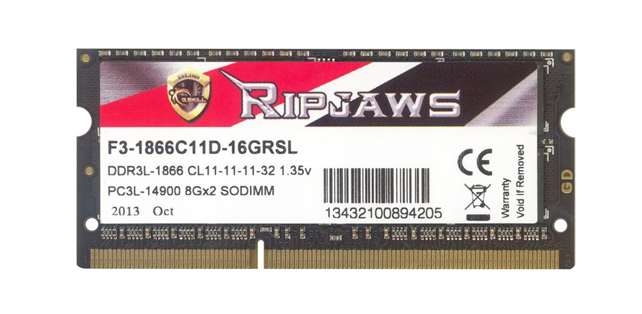 F3-1866C11D-16GRSL G.Skill 16GB Kit (2 X 8GB) PC3-14900 DDR3-1866MHz non-ECC Unbuffered CL11-11-11-32 204-Pin SoDimm 1.35V Low Voltage Memory