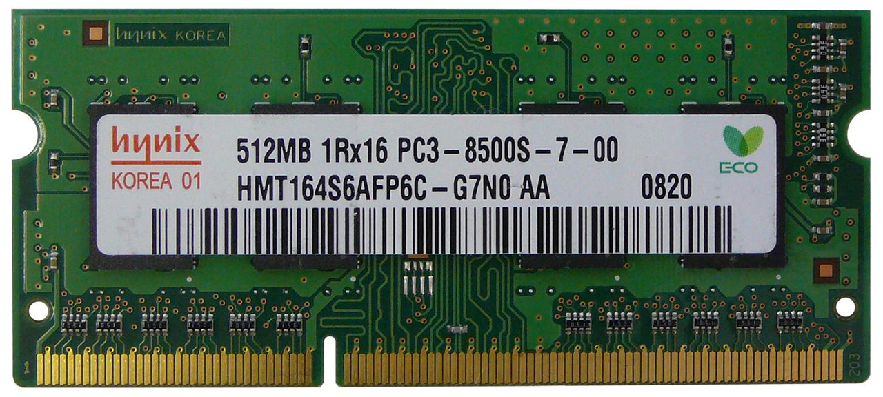 HMT164S6AFP6C-G7N0 Hynix 512MB PC3-8500 DDR3-1066MHz non-ECC Unbuffered CL7 204-Pin SoDimm Single Rank Memory Module