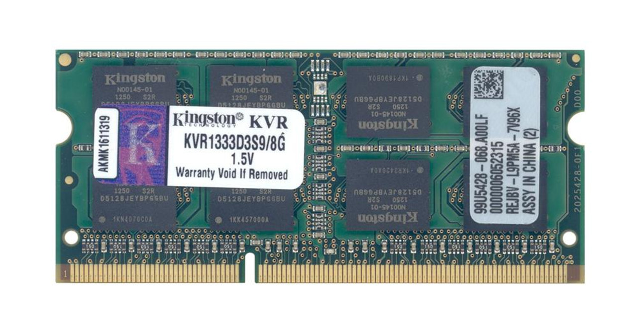 KVR1333D3S9/8G-A1 Kingston 8GB PC3-10600 DDR3-1333MHz non-ECC Unbuffered CL9 204-Pin SoDimm Dual Rank Memory Module