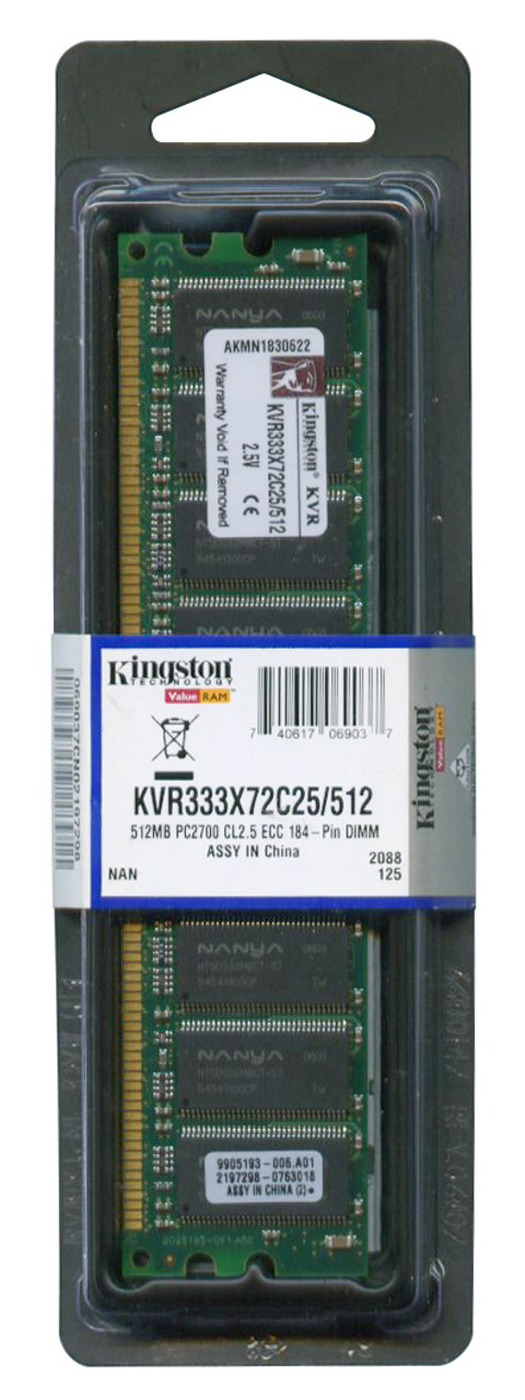 KVR333X72C25/512 Kingston 512MB PC2700 DDR-333MHz ECC Unbuffered CL2.5 184-Pin DIMM Memory Module
