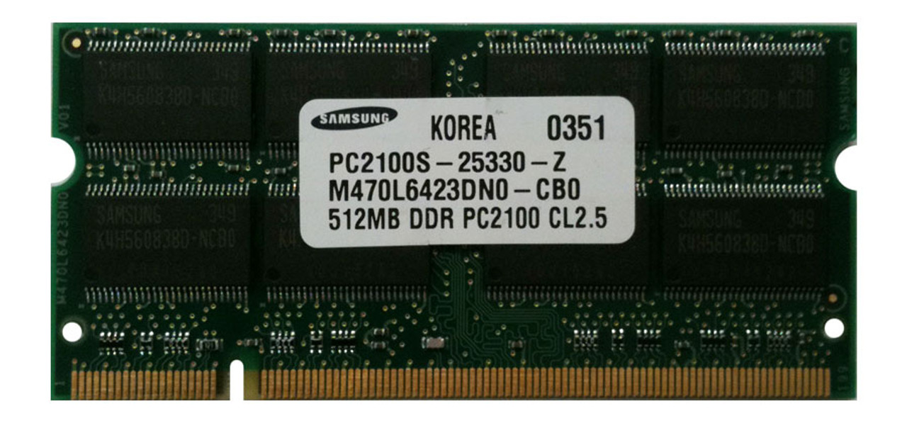 M470L6423DN0-CB0 Samsung 512MB PC2100 DDR-266MHz non-ECC Unbuffered CL2.5 200-Pin SoDimm Memory Module