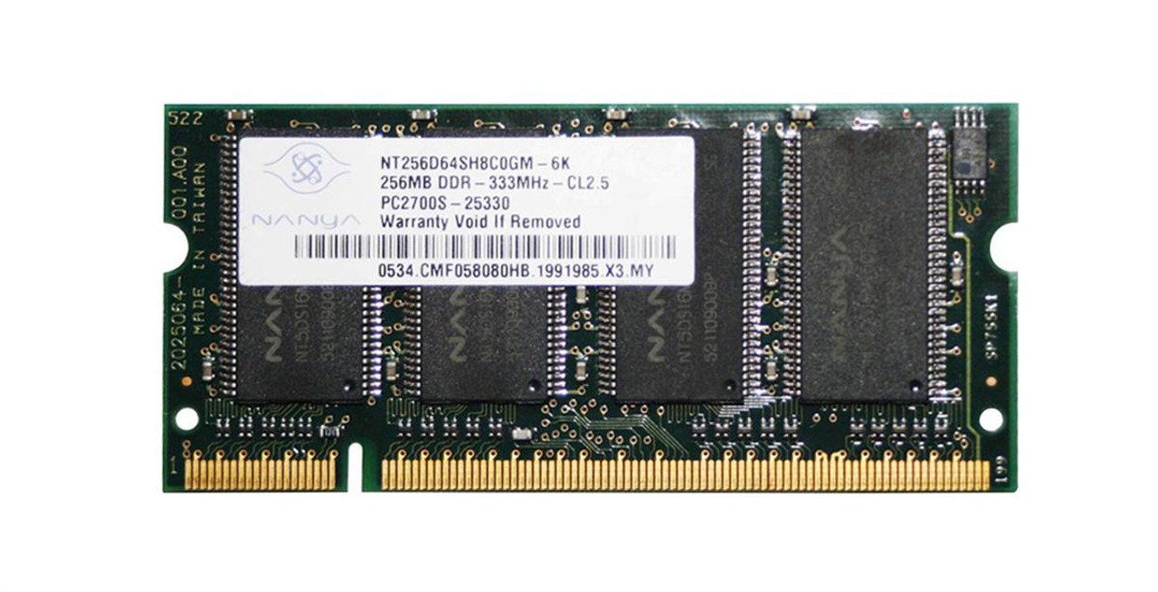 NT256D64SH8C0GM-6K Nanya 256MB PC2700 DDR-333MHz non-ECC Unbuffered CL2.5 200-Pin SoDimm Memory Module