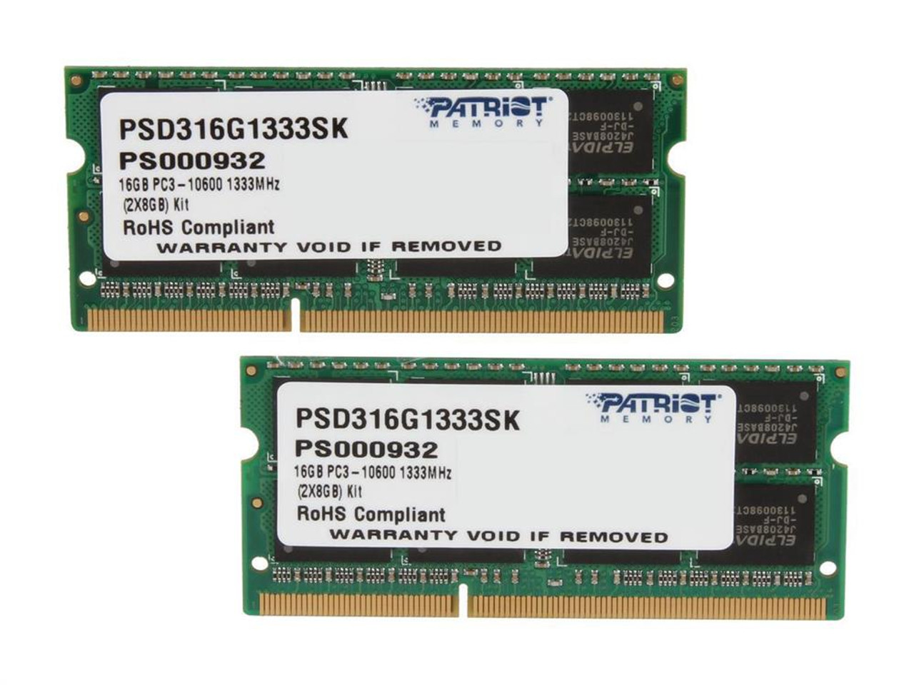 PSD316G1333SK Patriot Signature 16GB Kit (2 X 8GB) PC3-10600 DDR3-1333MHz non-ECC Unbuffered CL9 204-Pin SoDimm Dual Rank Memory