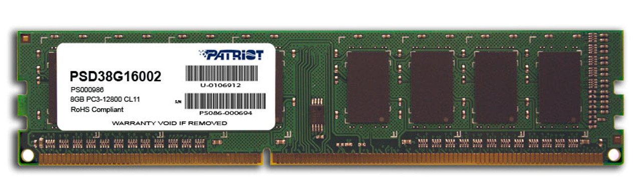 PSD38G16002 Patriot Signature Line 8GB PC3-12800 DDR3-1600MHz non-ECC Unbuffered CL11 240-Pin DIMM Dual Rank Memory Module