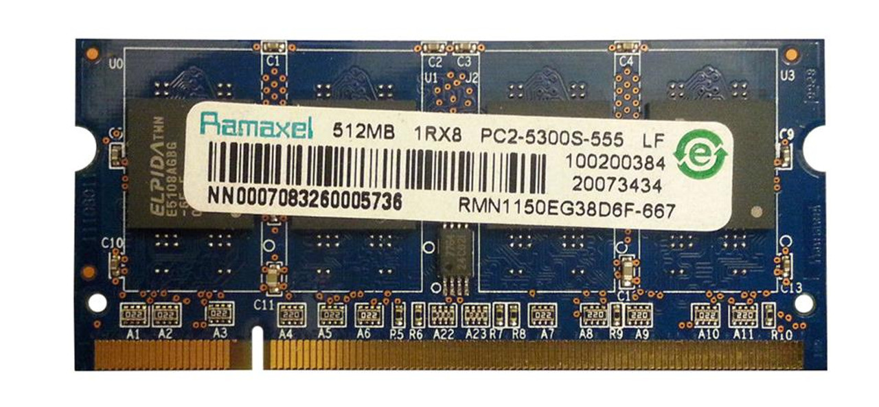 RMN1150EG38D6F-667 Ramaxel 512MB PC2-5300 DDR2-667MHz non-ECC Unbuffered CL5 200-Pin SoDimm Single Rank Memory Module