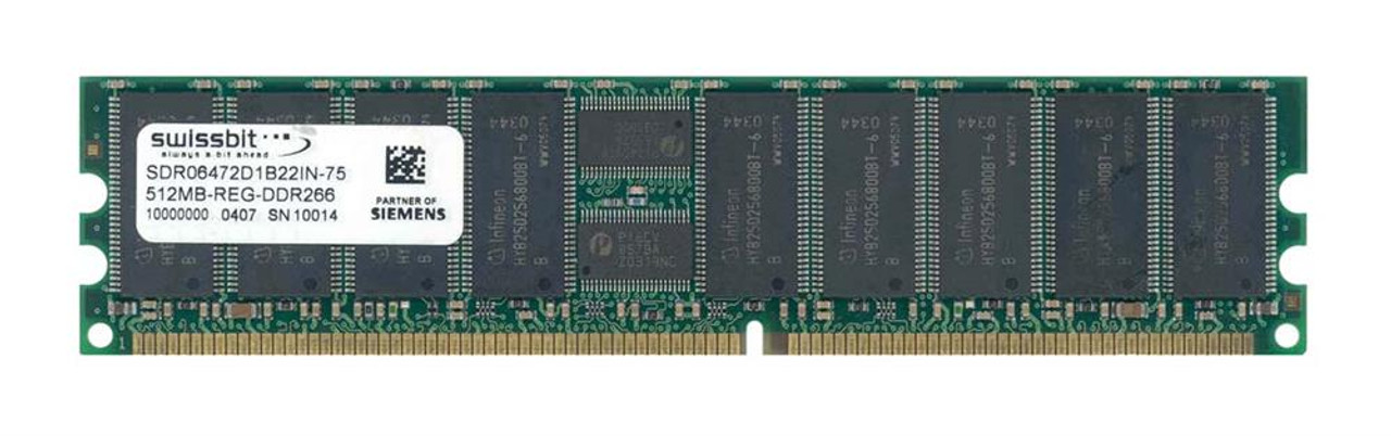 SDR06472D1B22IN-75 Swissbit 512MB PC2100 DDR-266MHz Registered ECC CL2.5 184-Pin DIMM 2.5V Memory Module