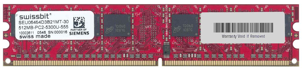 SEU06464D3B21MT-30 Swissbit 512MB PC2-5300 DDR2-667MHz non-ECC Unbuffered CL5 240-Pin DIMM Dual Rank Memory Module