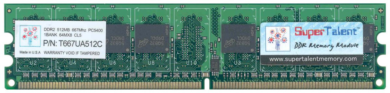 T667UA512C Super Talent 512MB PC2-5300 DDR2-667MHz non-ECC Unbuffered CL5 240-Pin DIMM Single Rank Memory Module