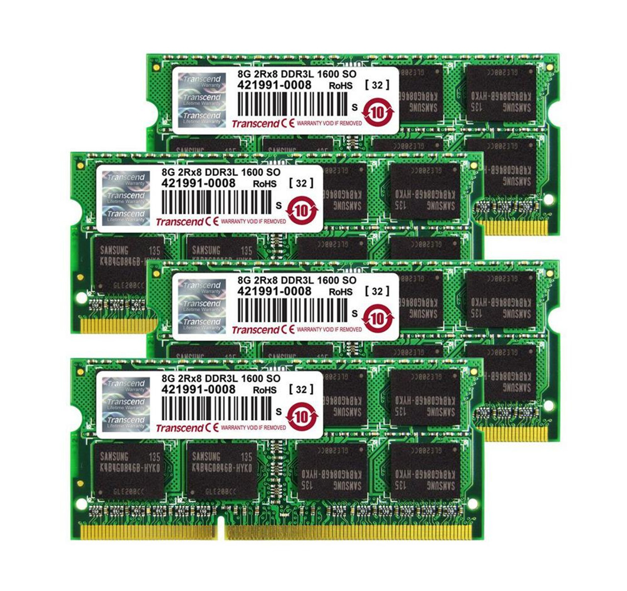 TS32GJMA584H Transcend 32GB Kit (4 X 8GB) PC3-12800 DDR3-1600MHz non-ECC Unbuffered CL11 204-Pin SoDimm 1.35V Low Voltage Memory
