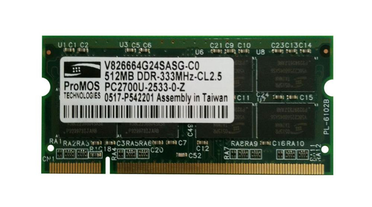 V826664G24SASG-C0 ProMOS 512MB PC2700 DDR-333MHz non-ECC Unbuffered CL2.5 200-Pin SoDimm Memory Module