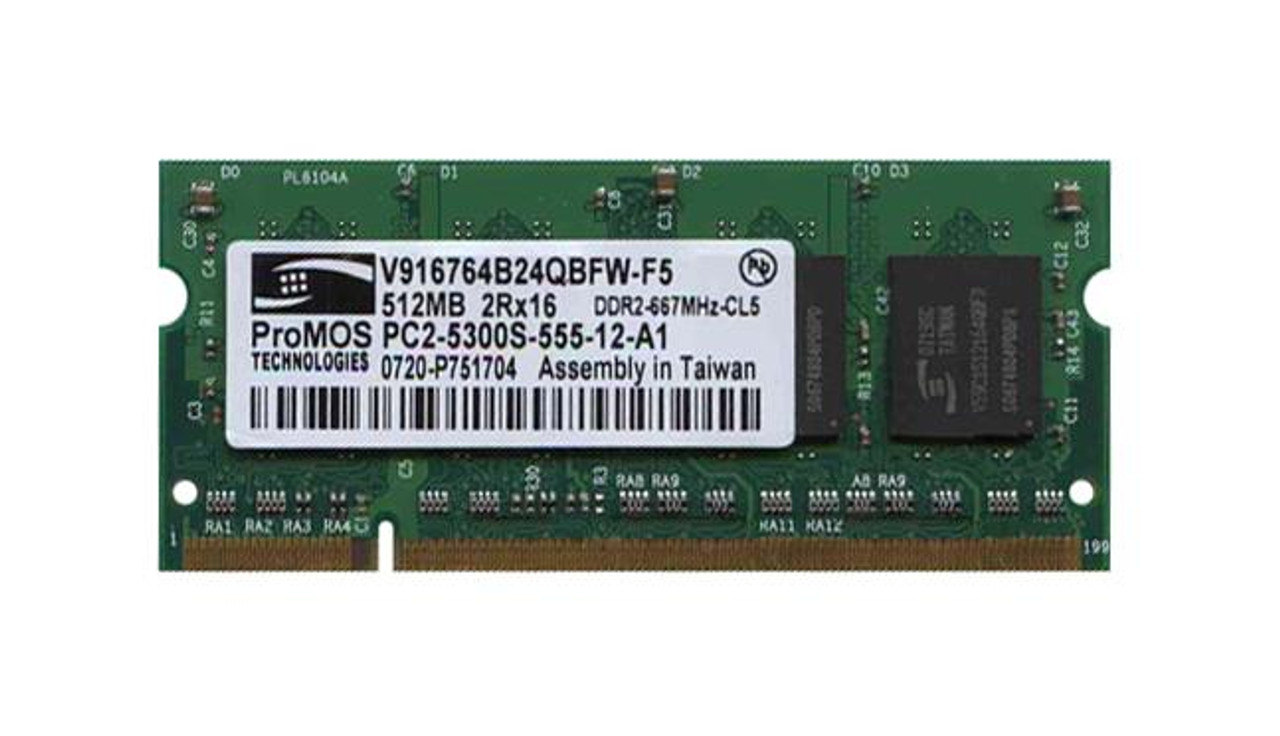 V916764B24QBFW-F5 ProMOS 512MB PC2-5300 DDR2-667MHz non-ECC Unbuffered CL5 200-Pin SoDimm Dual Rank Memory Module