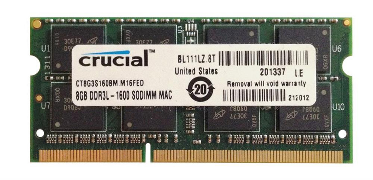 Crucial 8GB PC3-12800 DDR3-1600MHz non-ECC Unbuffered CL11 204-Pin SoDimm 1.35V Low Voltage Dual Rank Memory Module