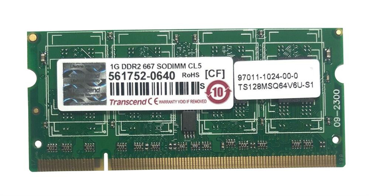 Transcend 1GB PC2-5300 DDR2-667MHz non-ECC Unbuffered CL5 200-Pin SoDimm Single Rank Memory Module