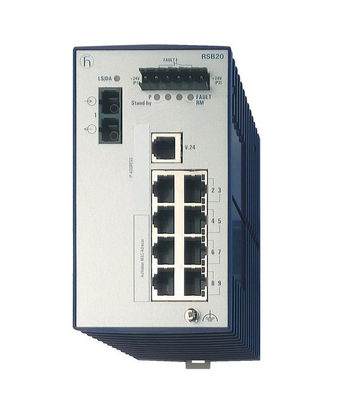 Hirschmann Mananaged Industrial Ethernet Rail Switch with 6 RJ45 Fast (100 Mbps) Copper Ports and 3 Fast (10/100) Fiber Multimode Ports with SC