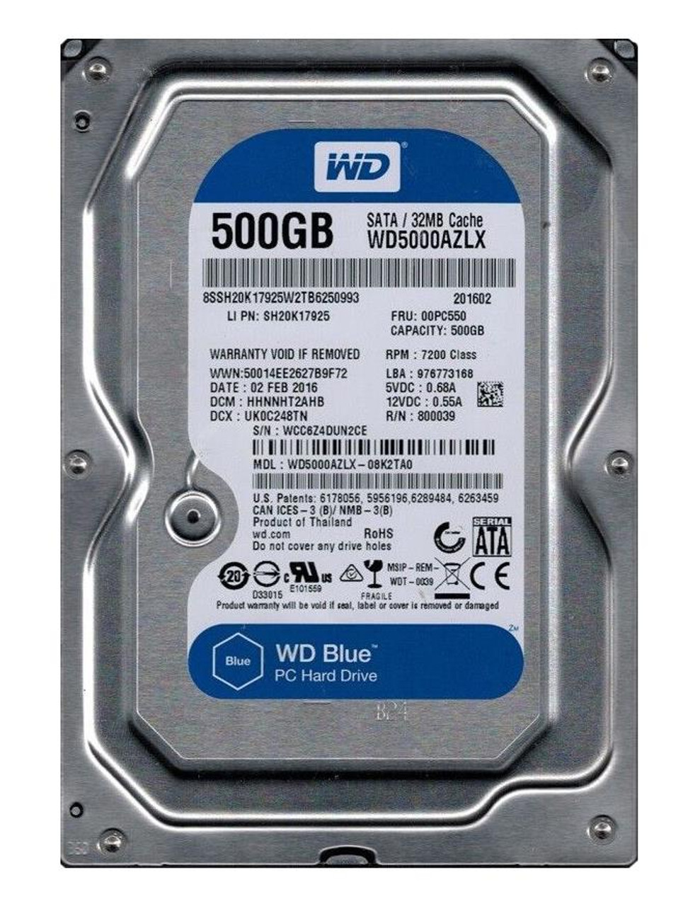 WD5000AZLX-08K2TA0 Western Digital Blue 500GB 7200RPM SATA 6Gbps 32MB Cache  3.5-inch Internal Hard Drive