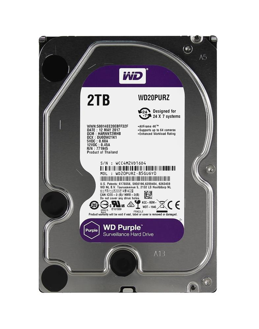 WD20PURZ-85GU6Y0 Western Digital Purple Surveillance 2TB 5400RPM SATA 6Gbps 64MB Cache 3.5-inch Internal Hard Drive