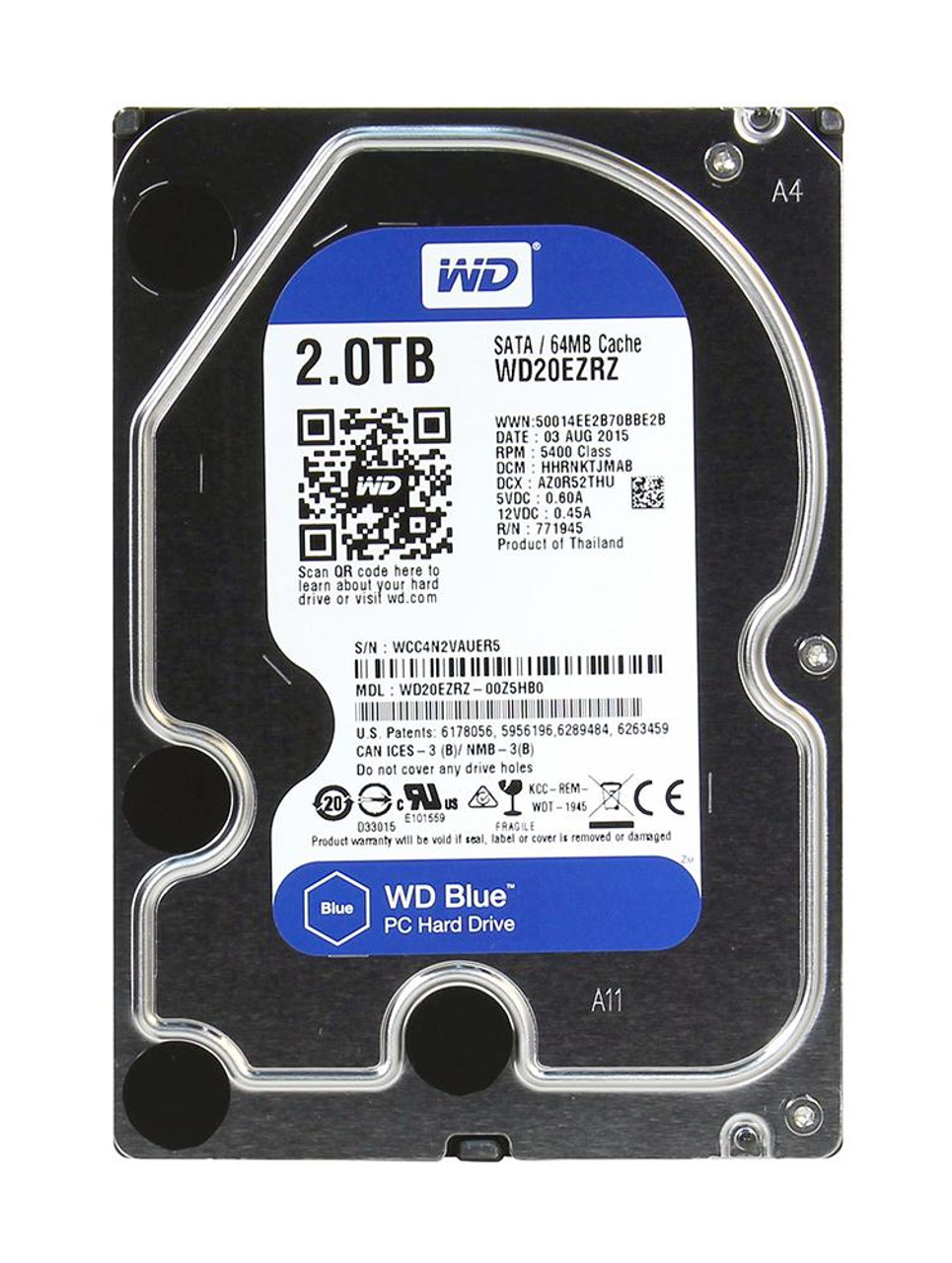 WD20EZRZ-00Z5HB0 Western Digital Blue 2TB 5400RPM SATA 6Gbps 64MB Cache  3.5-inch Internal Hard Drive