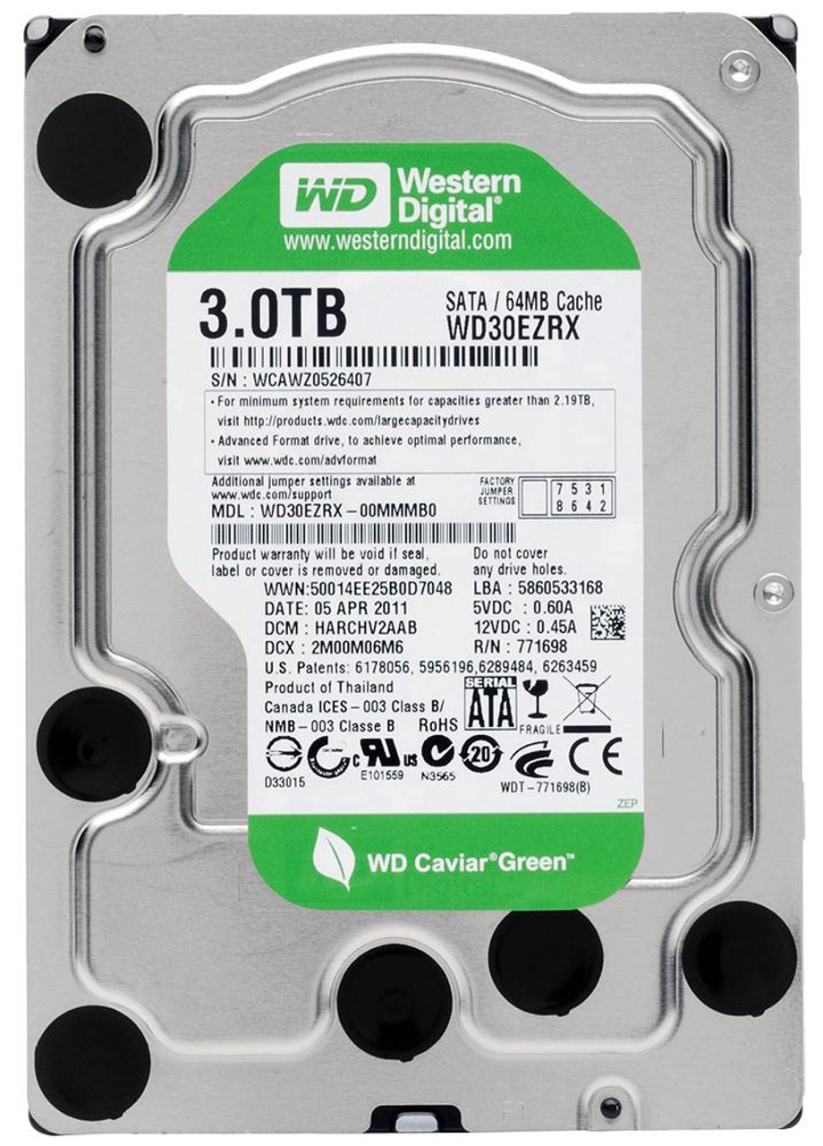 WD30EZRX-00MMMB0 Western Digital Caviar Green 3TB 5400RPM SATA 6Gbps 64MB  Cache 3.5-inch Internal Hard Drive