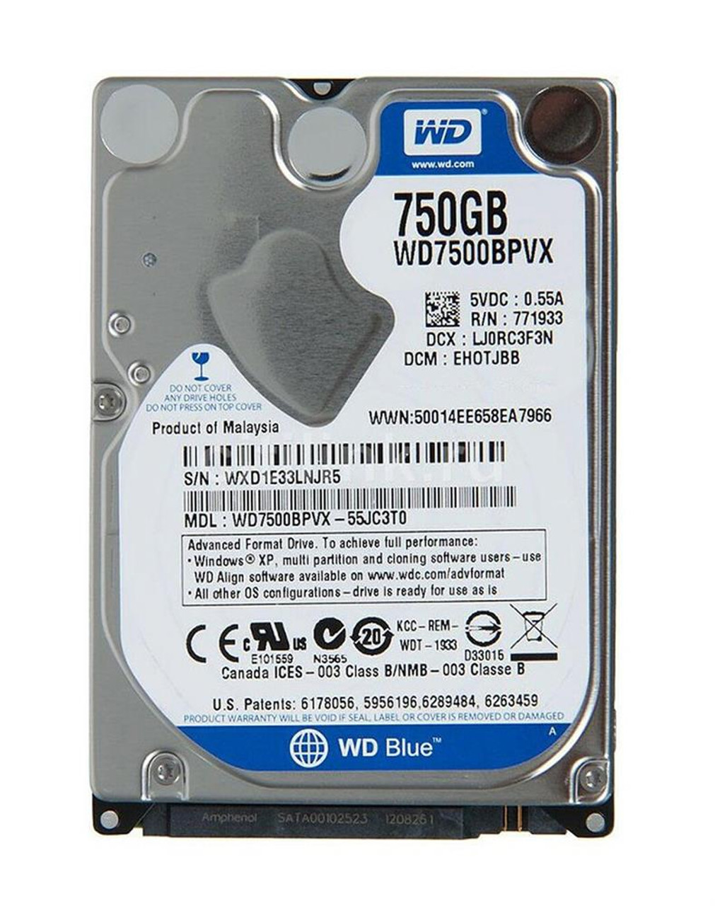 WD7500BPVX-55JC3T0 Western Digital Blue 750GB 5400RPM SATA 6Gbps 8MB Cache 2.5-inch Internal Hard Drive