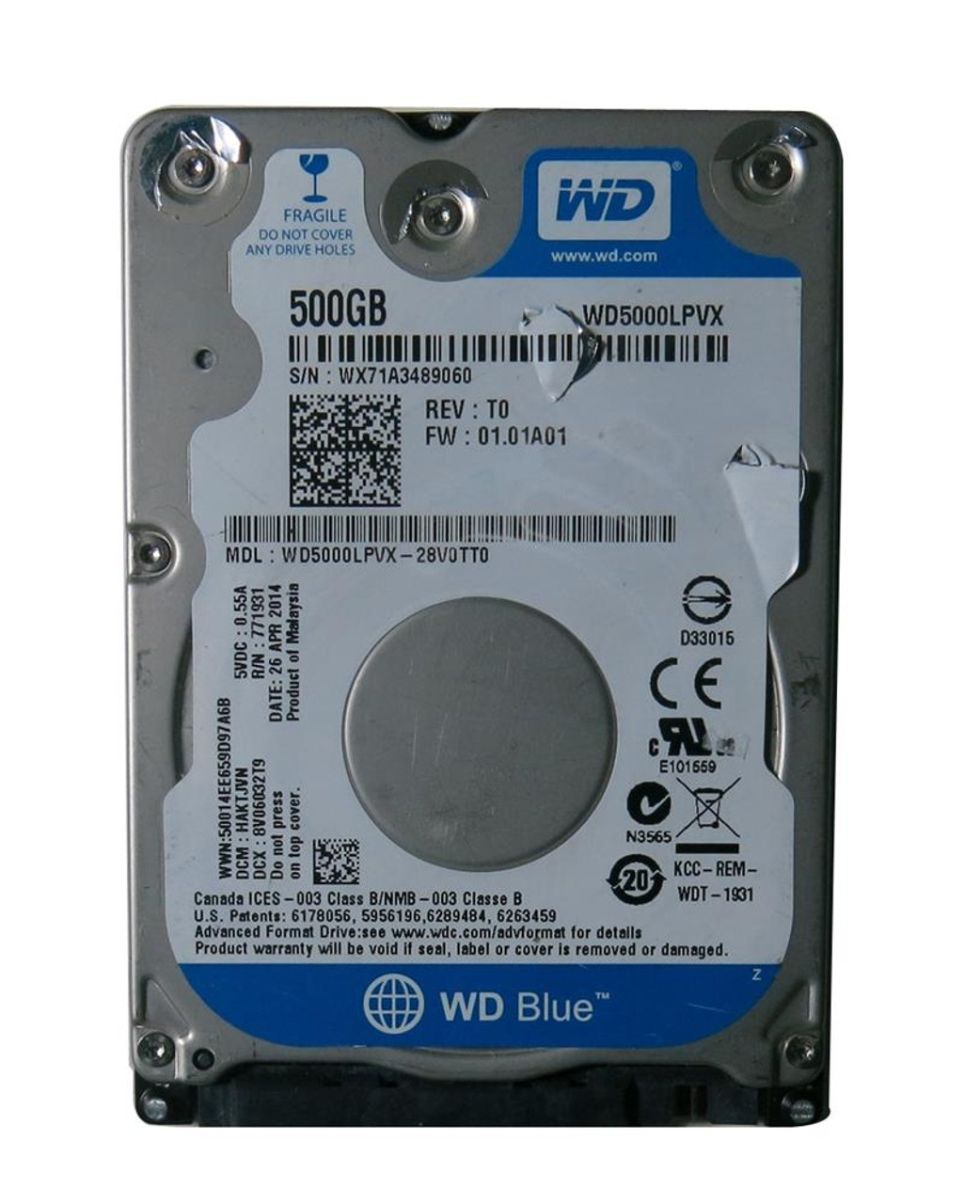 WD5000LPVX-28V0TT0 Western Digital Blue 500GB 5400RPM SATA 6Gbps 8MB Cache  2.5-inch Internal Hard Drive