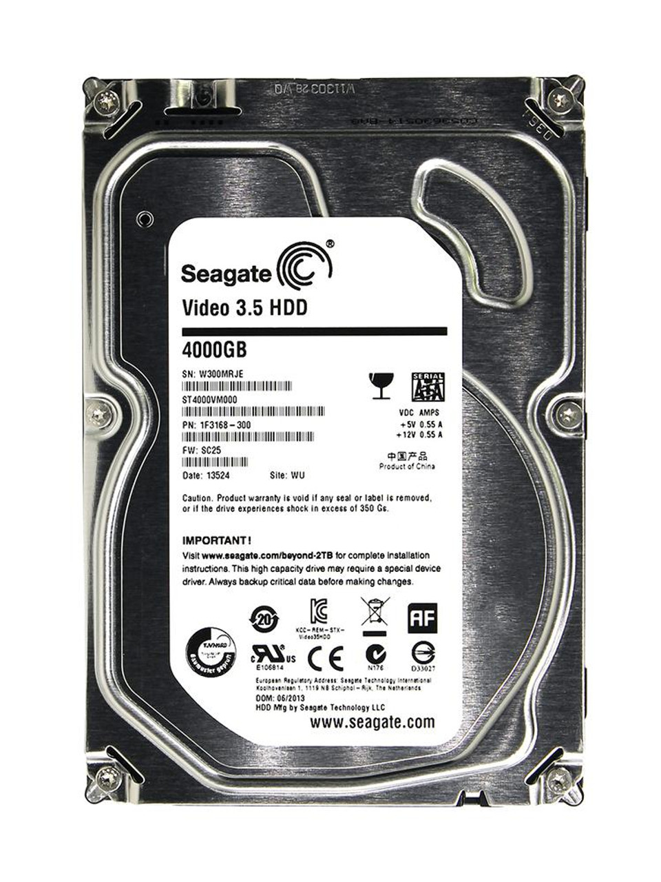 1F3168-300 Seagate Video 3.5 4TB 5900RPM SATA 6Gbps 64MB Cache 3.5-inch  Internal Hard Drive