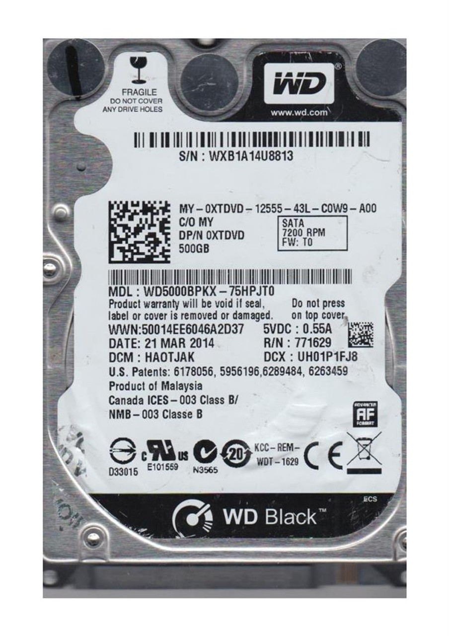 WD5000BPKX-75HPJT0 Western Digital Black 500GB 7200RPM SATA 6Gbps 16MB Cache 2.5-inch Internal Hard Drive