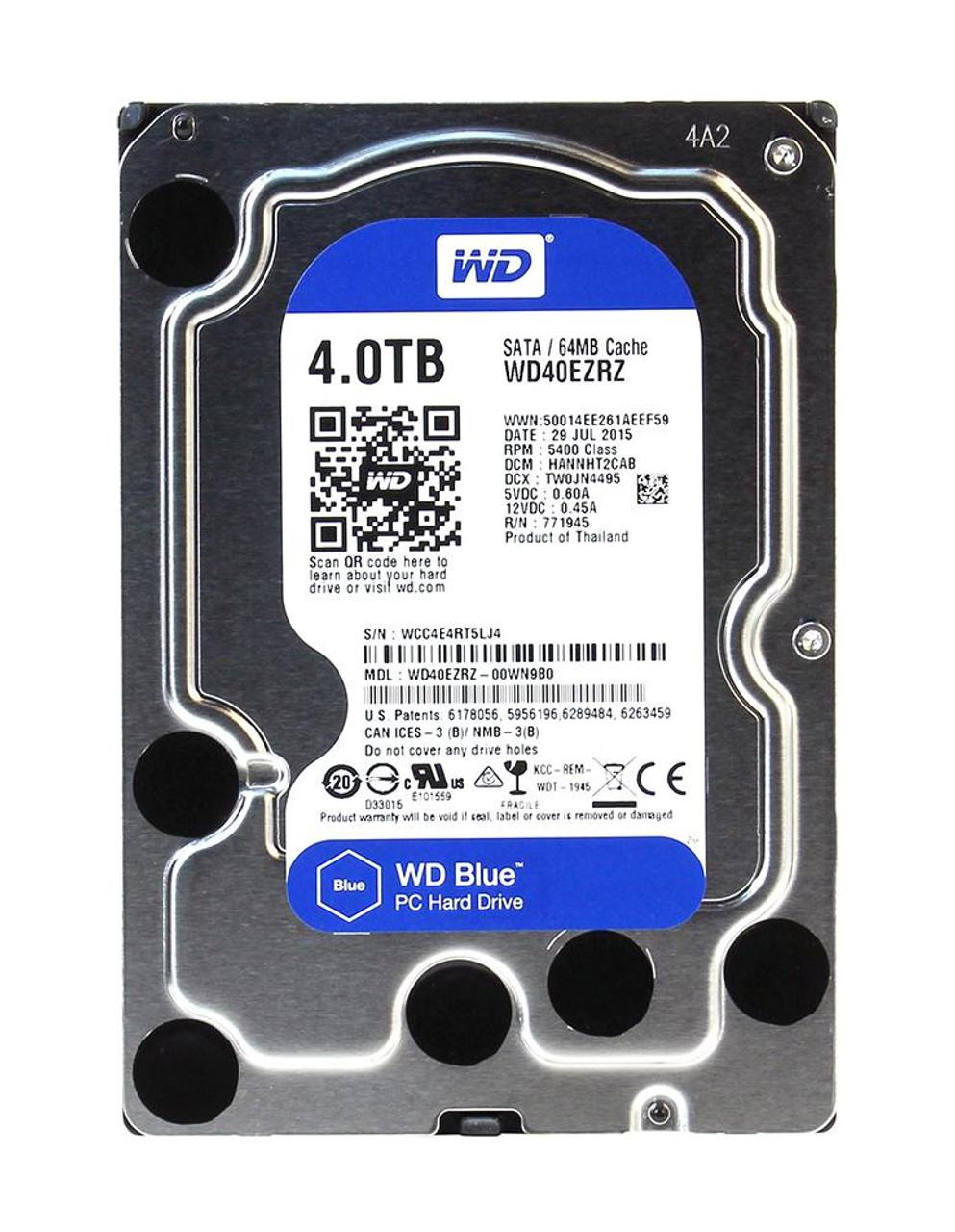 WD40EZRZ-00WN9B0 Western Digital Blue 4TB 5400RPM SATA 6Gbps 64MB Cache 3.5-inch Internal Hard Drive