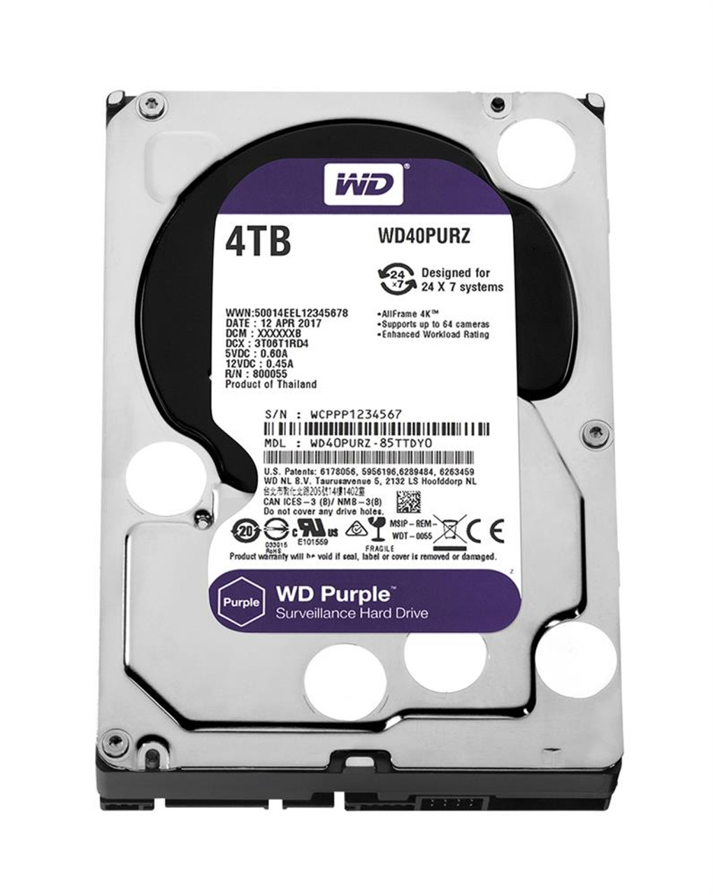 WD40PURZ Western Digital Purple Surveillance 4TB 5400RPM SATA 6Gbps 64MB Cache 3.5-inch Internal Hard Drive