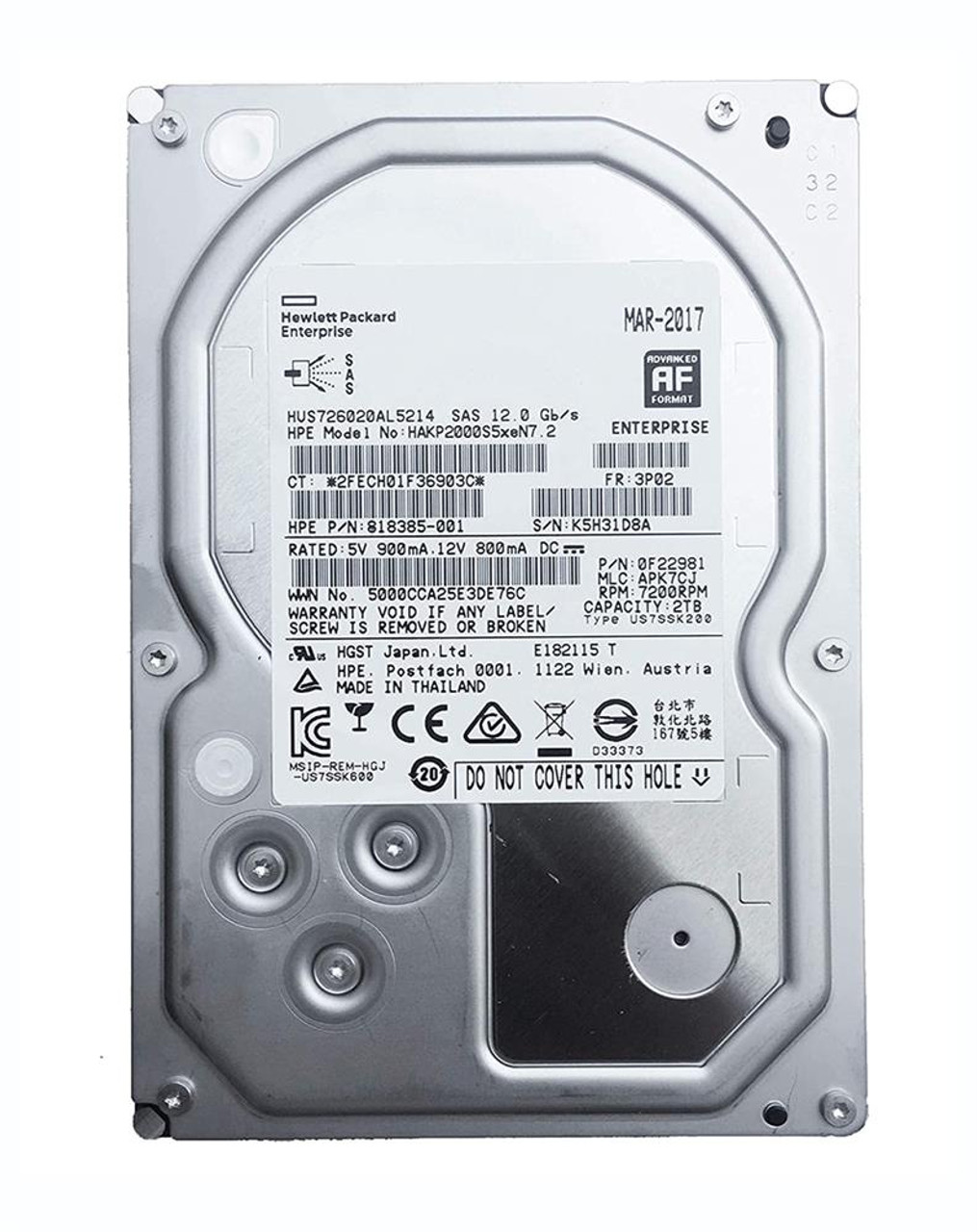 0F22981 HPE 2TB 7200RPM SAS 12Gbps LFF 3.5-inch Internal Hard Drive