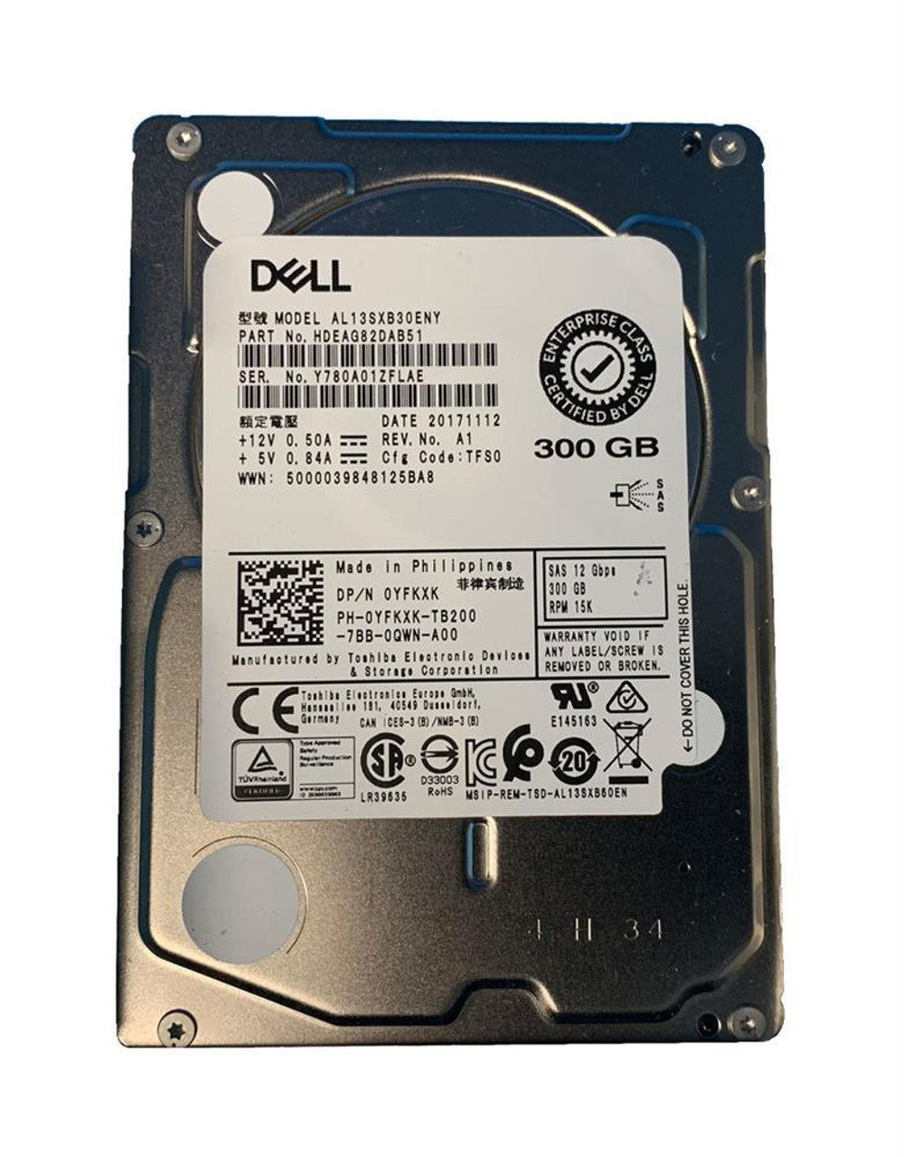 YFKXK Dell 300GB 15000RPM SAS 12Gbps Hot Swap 128MB Cache (512n) 2.5-inch Internal Hard Drive