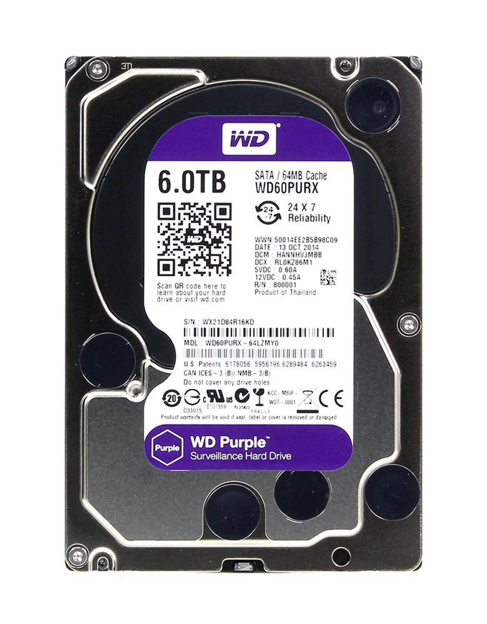 WD60PURX Western Digital Purple 6TB 5400RPM SATA 6Gbps 64MB Cache 3.5-inch  Internal Hard Drive