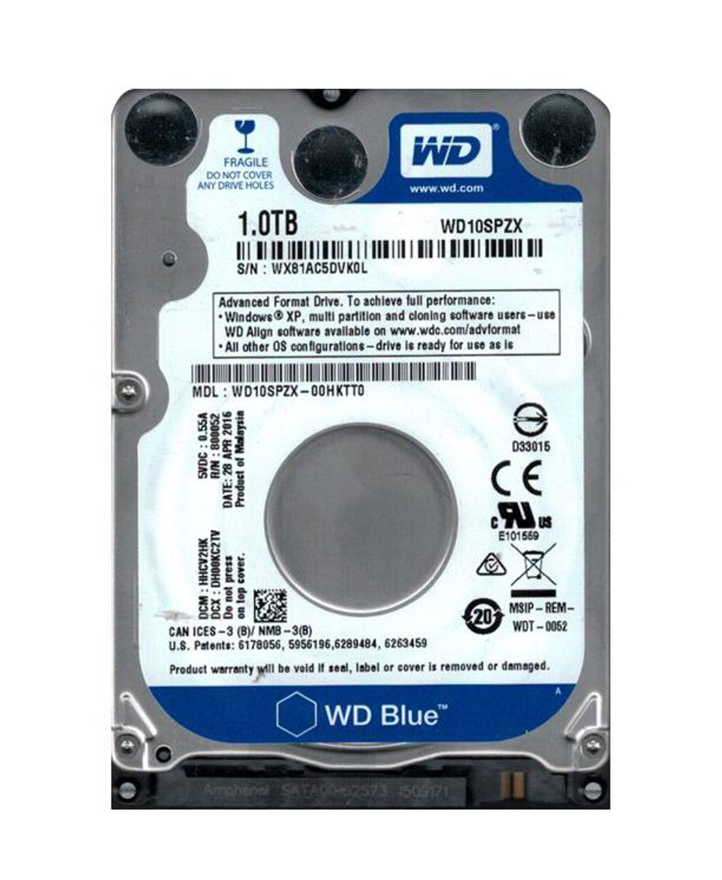 WD10SPZX-OOHKTTO Western Digital Blue 1TB 5400RPM SATA 6Gbps 128MB Cache 2.5-inch Internal Hard Drive