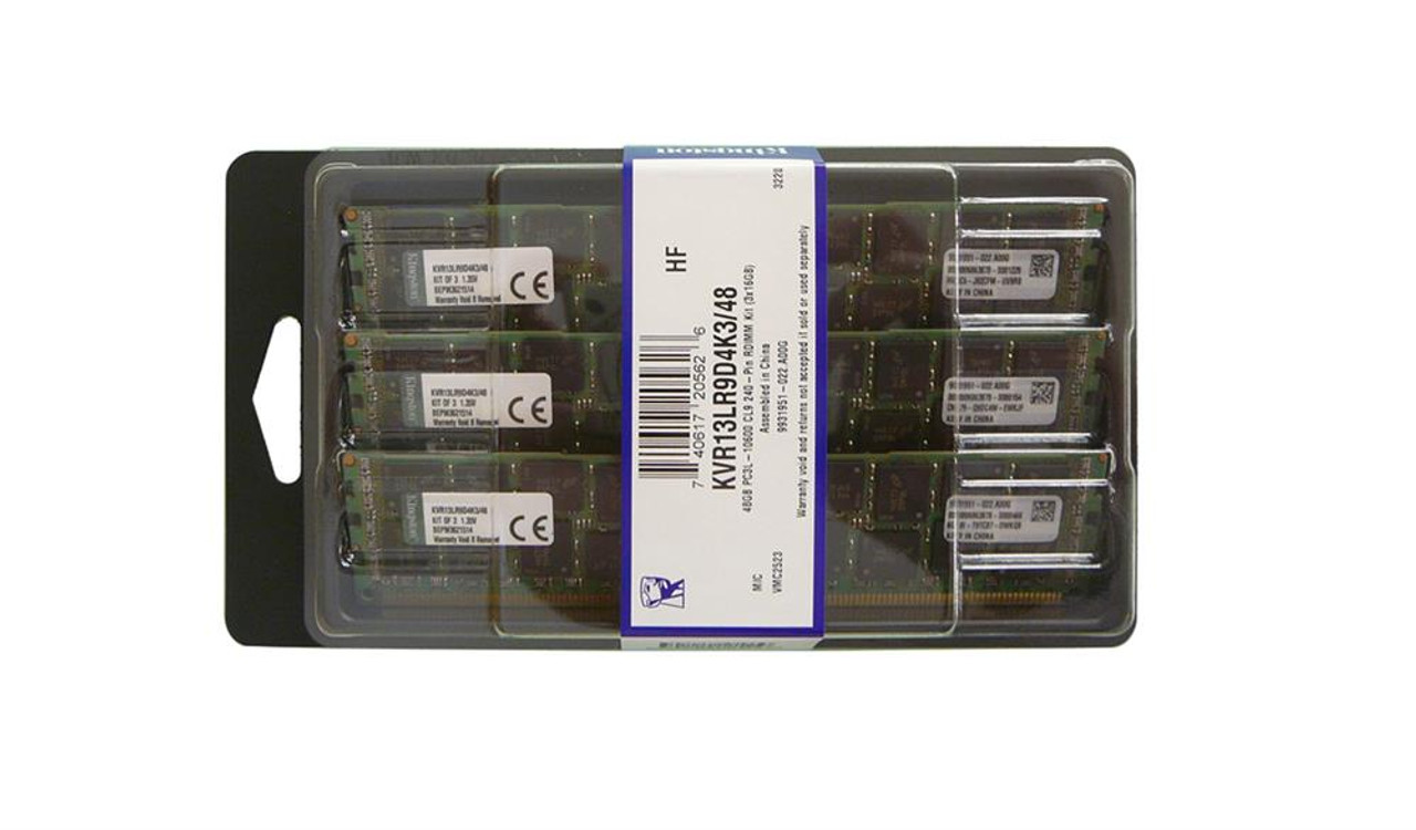 KVR13LR9D4K3/48 Kingston 48GB Kit (3 X 16GB) PC3-10600 DDR3-1333MHz ECC Registered CL9 240-Pin DIMM 1.35V Low Voltage Dual Rank x4 Memory (Kit of 3)