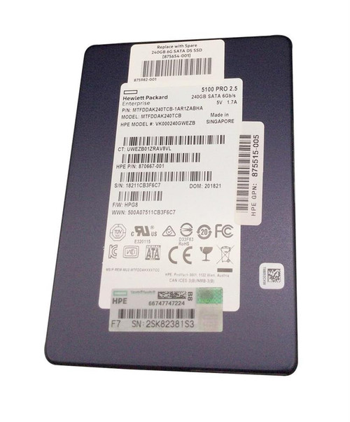 870667-001 HPE 240GB TLC SATA 6Gbps Hot Swap Read Intensive 2.5-inch Internal Solid State Drive (SSD) with Smart Carrier