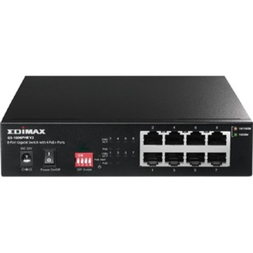 GS-1008PHE V2 Edimax Long Range 8-Port Gigabit Switch with 4 PoE+ Ports & DIP Switch - 8 Ports - Manageable - 2 Layer Supported - 5 W Power Consumption - Twisted