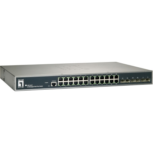 GEP-2671 LevelOne 24-Port PoE Gig w/4 Combo SFP+2 SFP Ports, L2, 19 Rack mount Switch, 185W 24 Gig Ports, 802.3af/at, 2 Gigabit SFP Slot, QoS, Layer 2
