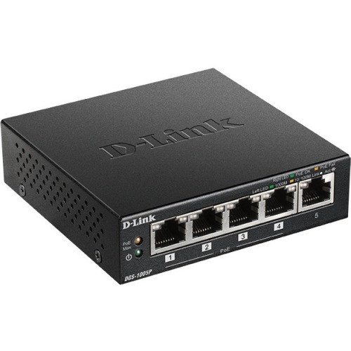 DGS-1005P D-Link 5-Port Desktop Gigabit PoE+ Switch 5 x Gigabit Ethernet Network Manageable Twisted Pair 2 Layer Supported Desktop (Refurbished)