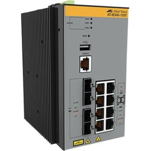 AT-IE340-12GT-80 Allied Telesis Industrial Ethernet Layer 3 Switch - 8 Ports - Manageable - 3 Layer Supported - Modular - 4 SFP Slots - Twisted Pair, Optical Fiber -