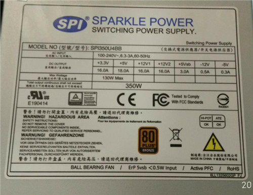 SPI350U4BB Sparkle Power 350-Watts ATX 12V 115-230V AC High Efficiency 80Plus Bronze 1U Switching Power Supply with Active PFC